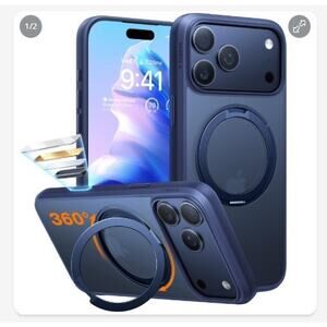 TORRAS Upgrade 360 Magnetic Stand iPhone 17 PRO Case Translucent Back, Deep Blue